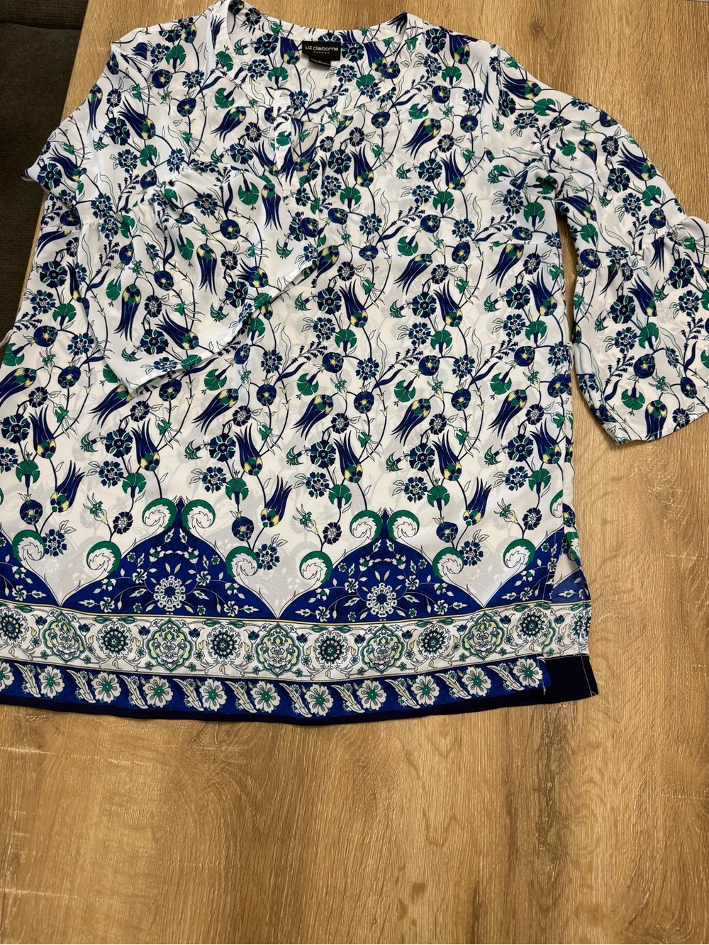Liz Claiborne White Floral Border Print Tunic with Blue & Green Accents